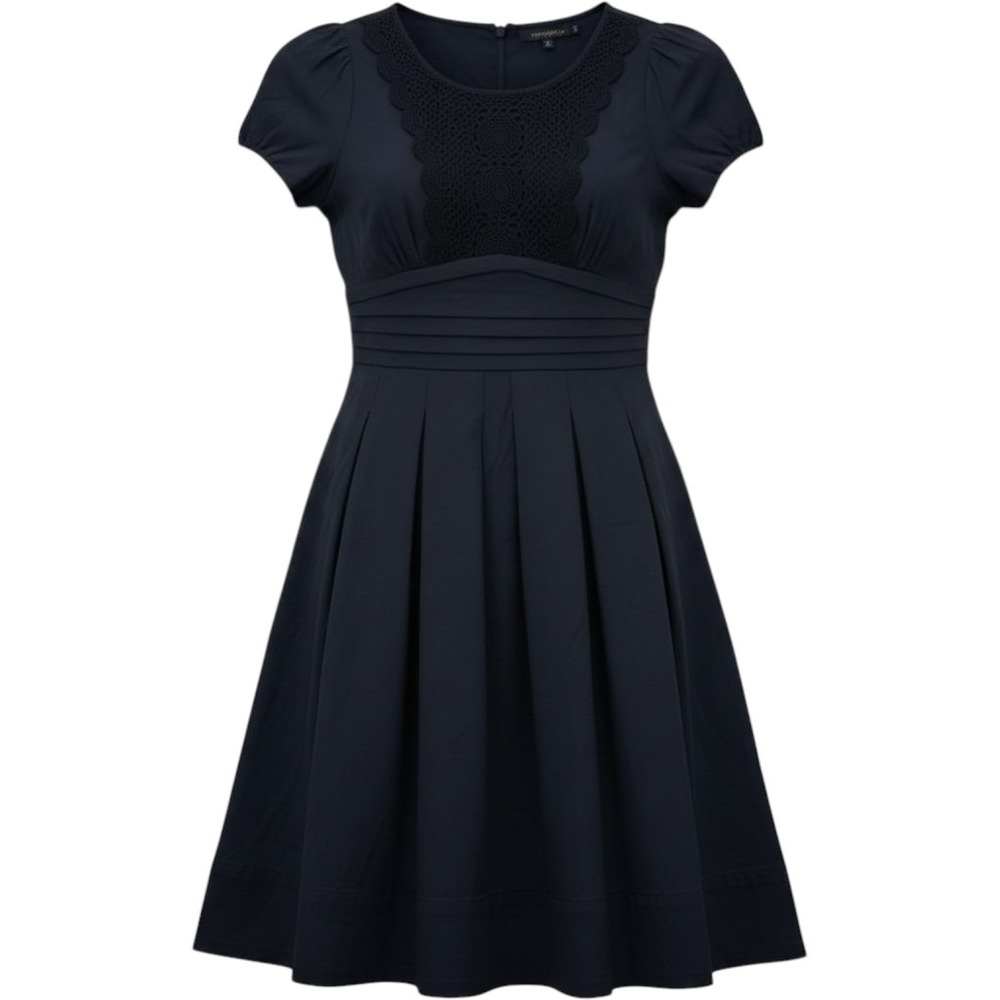 BCBG MAXAZRIA Black Crochet Lace Bib Puff Sleeve Fit and Flare Pleated Dress 6